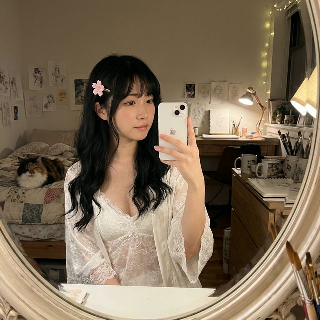 Aiko cozy selfie with her cat Mochi at night