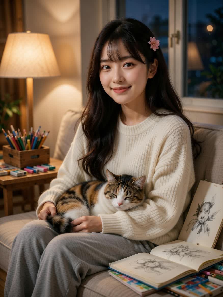 Aiko cozy selfie with her cat Mochi at night